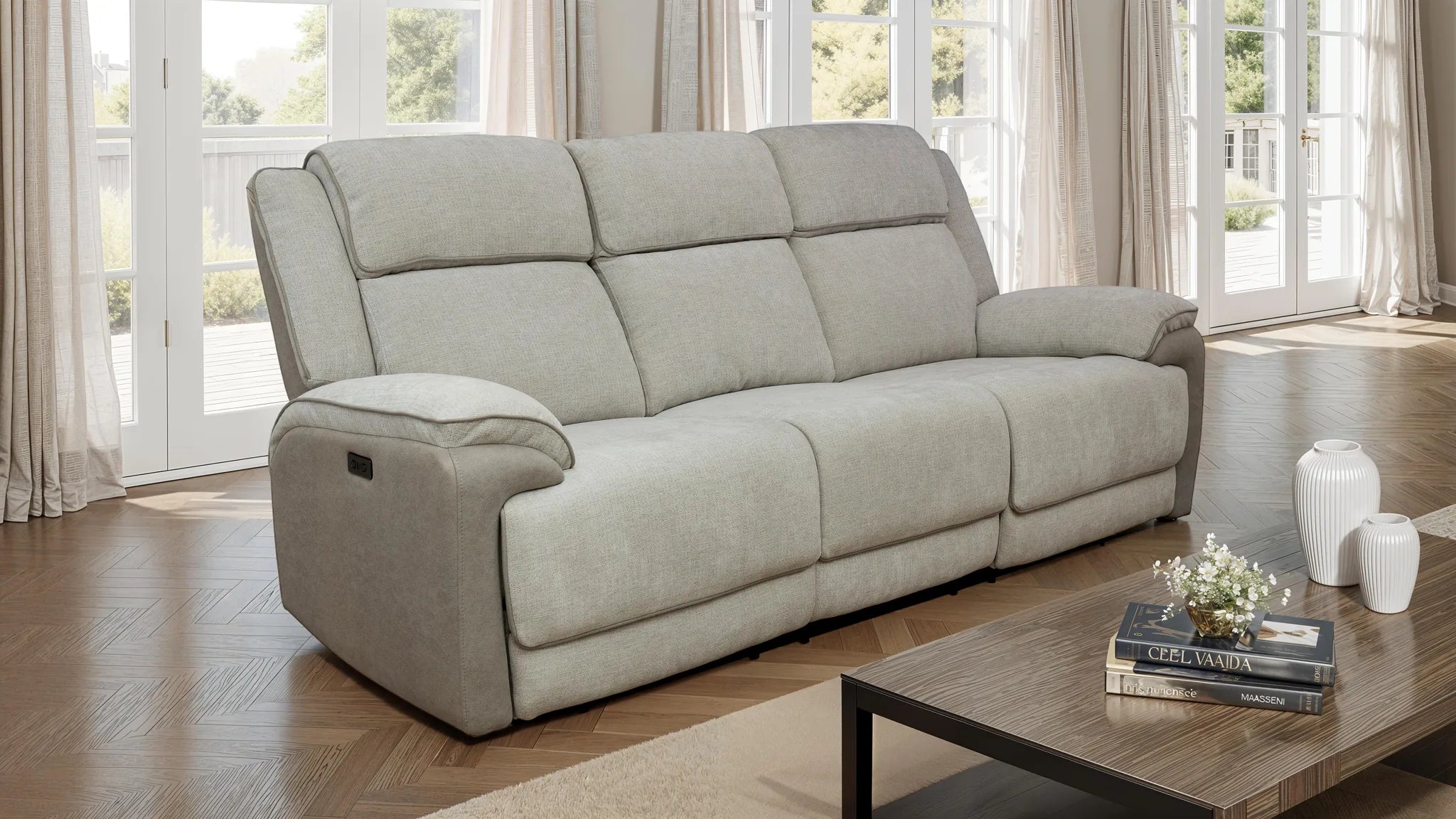 A light beige upholstered reclining loveseat sofa shown in a bright living room with wood floors, large windows, curtains, and a coffee table.