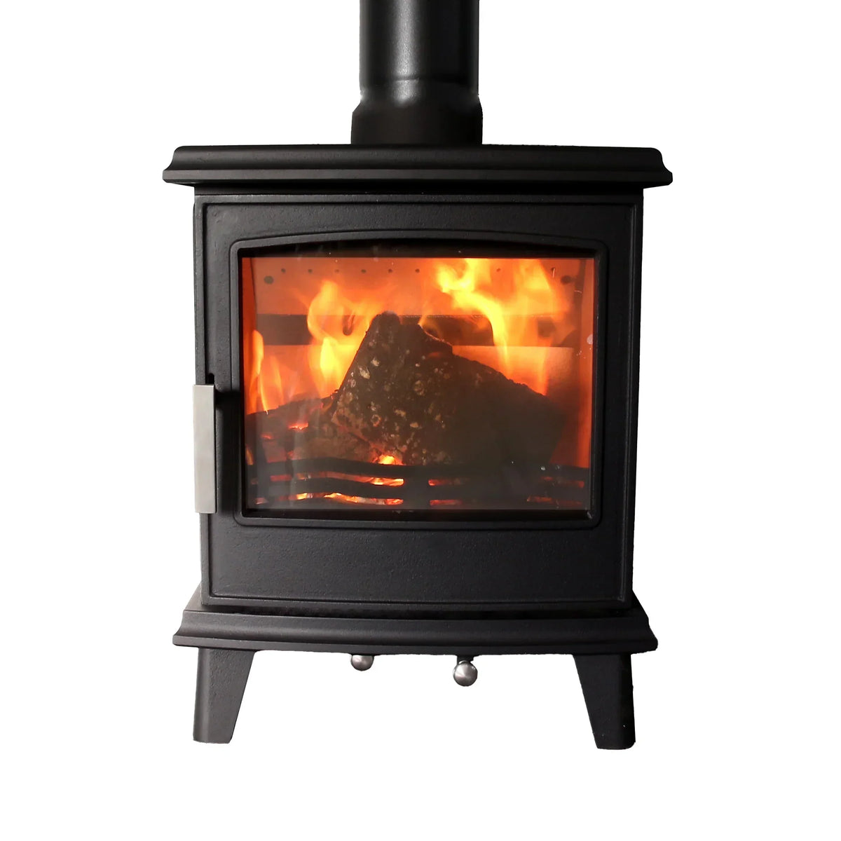 Black wood burning stove with visible flames and log inside, front view