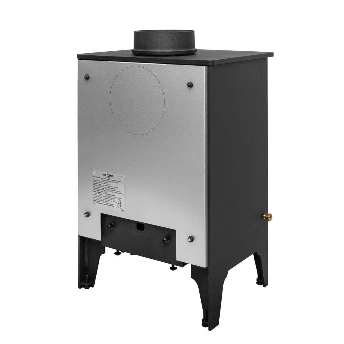 Black and silver freestanding wood-burning stove rear view with top flue outlet