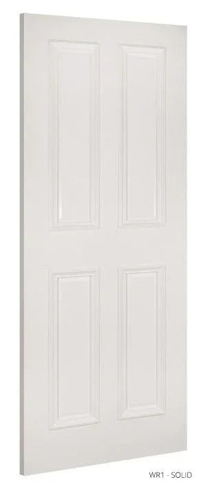 Solid primed interior door with four rectangular panels