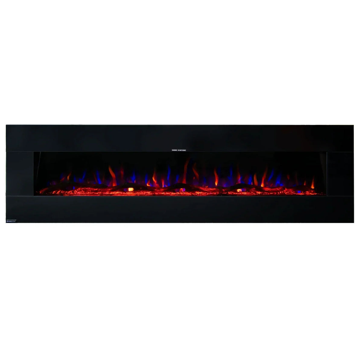 Black wall mounted electric fireplace with realistic red and blue LED flame effect