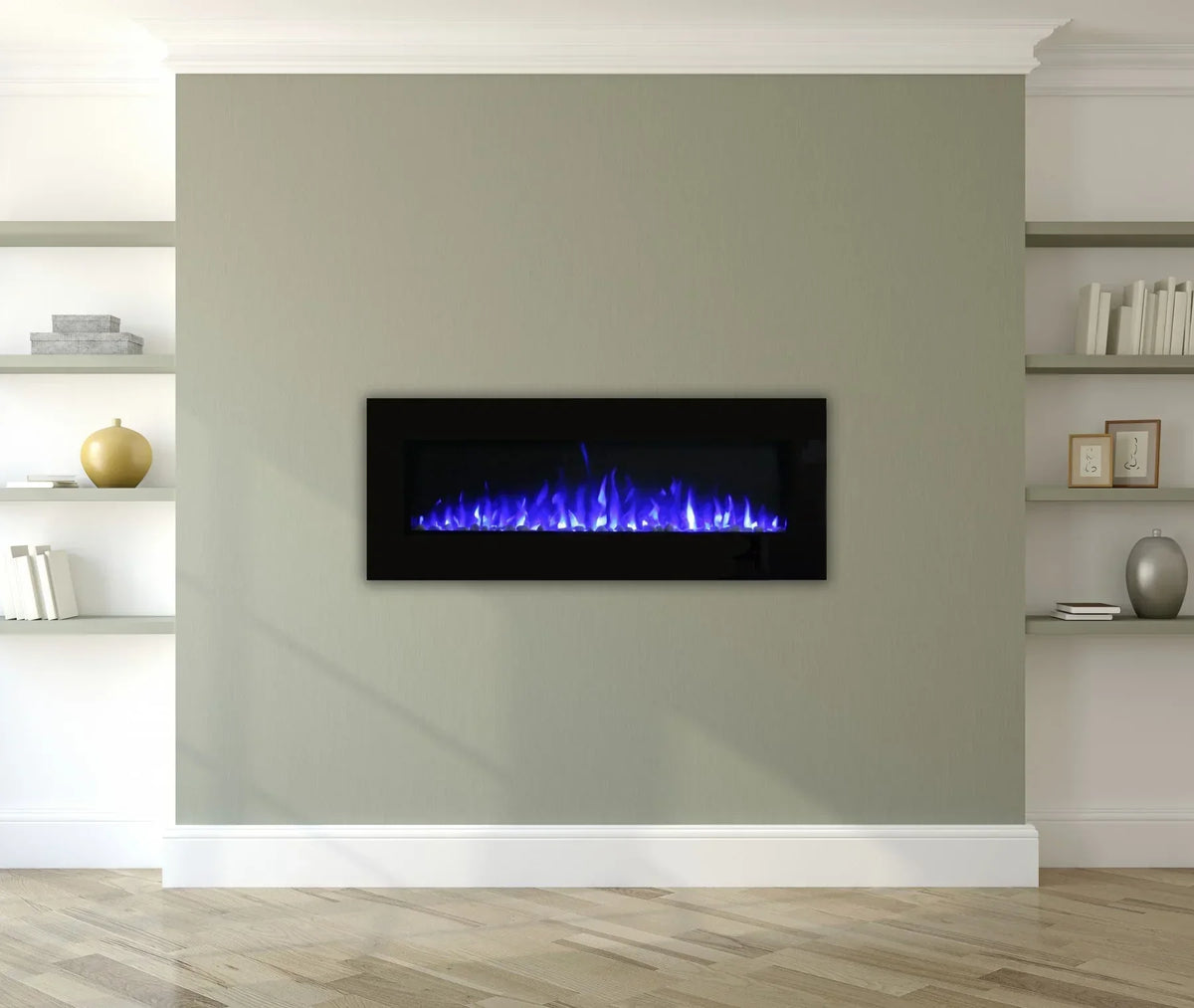 Wall mounted electric fireplace with blue flame in modern living room setting