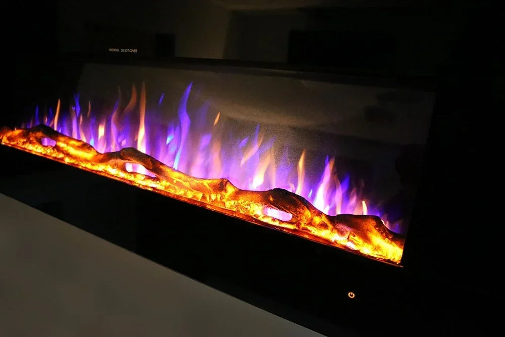 Wall mounted electric fire with glowing log effect and colored LED flame display