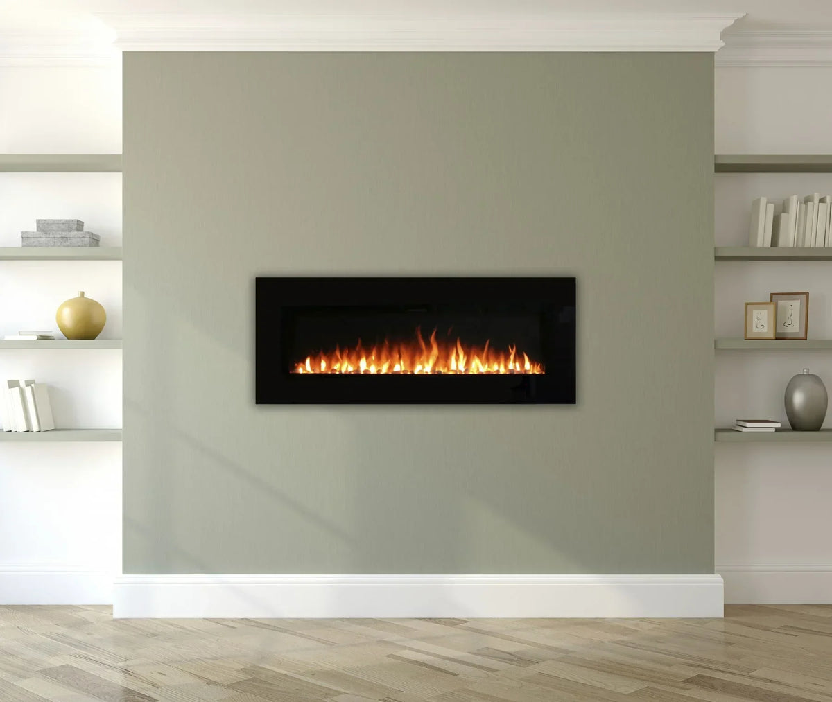 Wall mounted electric fireplace with black frame installed in modern living room