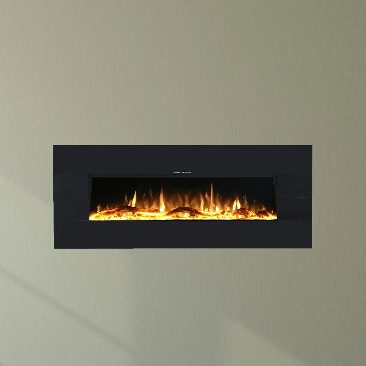 Black wall mounted electric fireplace with realistic orange flame effect